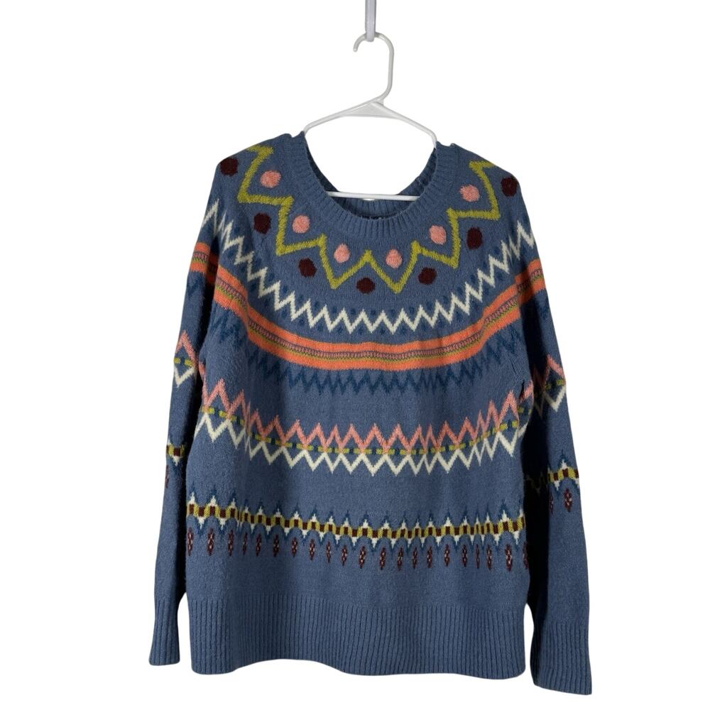 Sundance Catalog Glencoe Fair Isle Alpaca Wool Blend Sweater Blue XL Boho Cozy